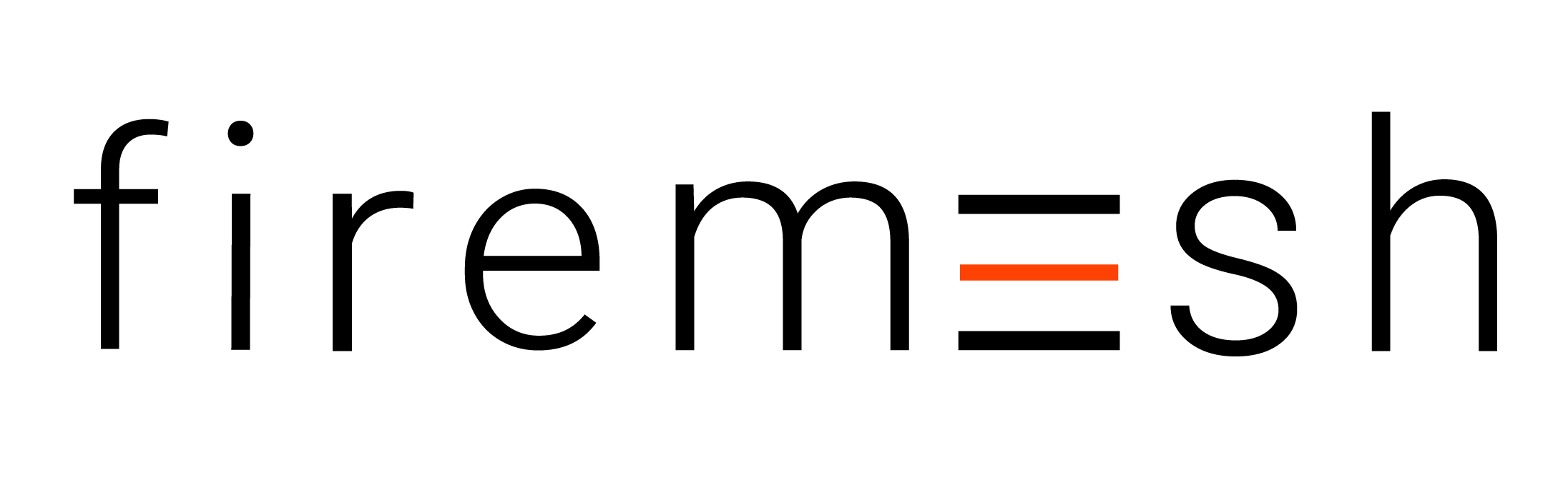 Logo med tekst firemesh i sort og rødorange farge bokstaven E er skrevet som tre linjer hvor midterste strek er rød-orange