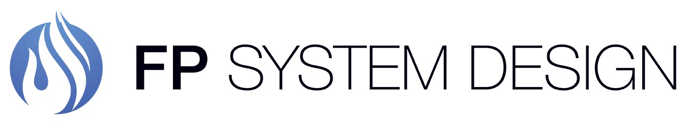 Logo FG Systemdesign Blå og hvit flamme med navn i sort etter. illustrasjon
