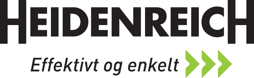 Logo Heidenreich sort tekst tilleggstekst i sort Effektivt og enkelt med tre grønne piler etter tekst